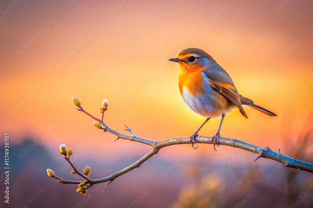 Fototapeta premium Minimalist Spring Bird: Robin on Branch, Pastel Colors, Sunrise
