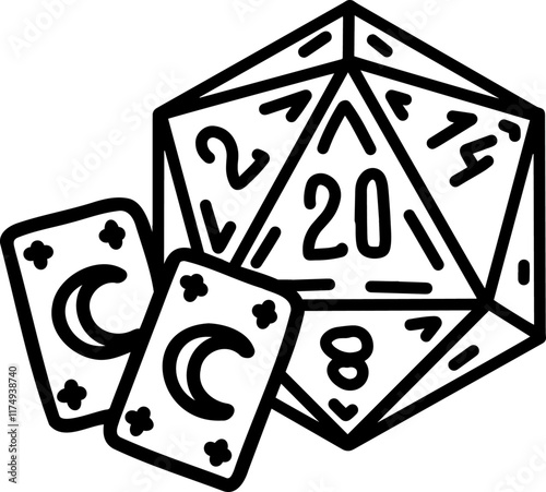 D20 dice for dnd board game. Fantasy tabletop icosahedron illustration in retro style