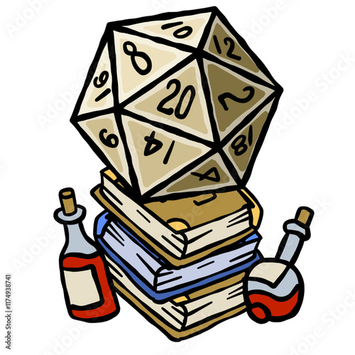 D20 sided tabletop board game. Cartoon character with 20 numbers. DND Dice with magic spell sticker.