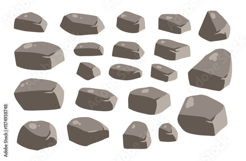 Stone boulder. Granite debris and grey cobble. Heap of broken gravel. Natural solid cracked mineral. Big mountain geology material. Pile of rubble rock block