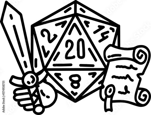 DND Dice with sword and shield. Rpg board game character. Fantasy icosahedron wargame. 20-sided tabletop icon, cartoon style on white background