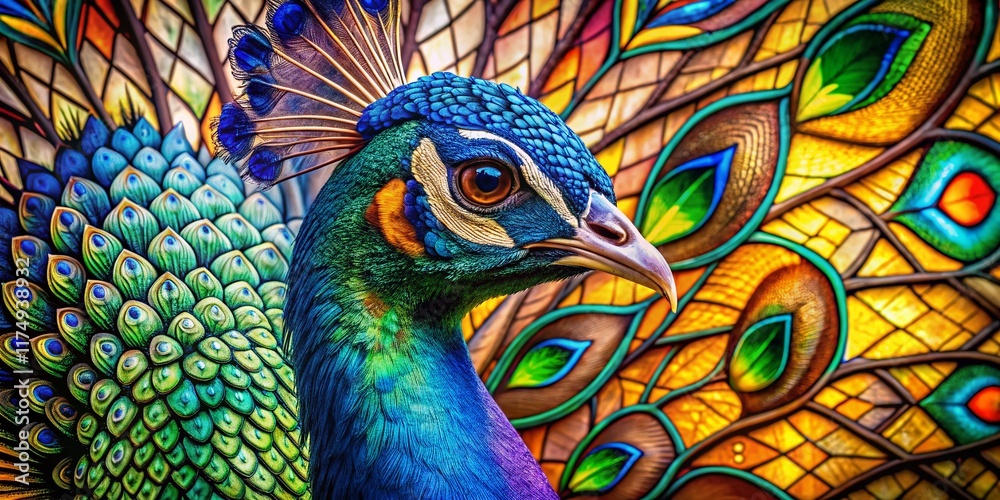 Fototapeta premium Minimalist Stained Glass Peacock Head: Vibrant Jewel-Toned Feathers & Geometric Patterns