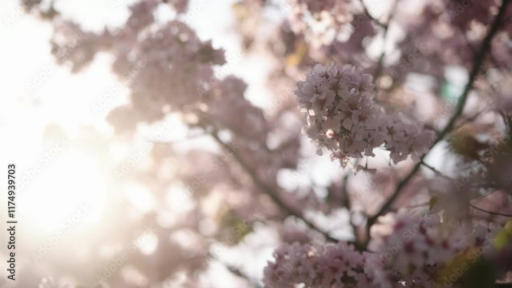 Slow motion closeup of sakura cherry blossom in spring