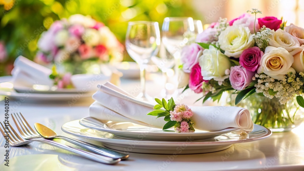 Elegant Wedding Table Setting: Close-up of Silverware, China, and Linen Napkin Elegant Wedding Table Setting: Close-up of Silverware, China, and Linen Napkin