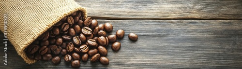 Organic coffee beans spilling from a burlap sack onto a wooden surface, emphasizing rustic warmth