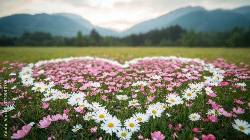 Obraz premium A field of wildflowers arranged in the shape of a giant heart, creating a stunning natural display of love, beauty, and the artistry of the natural world.