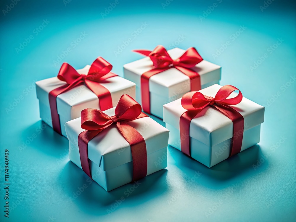 Fototapeta premium Elegant White Gift Boxes with Red Ribbons on Light Blue Background - Perfect for Holiday or Festive Designs