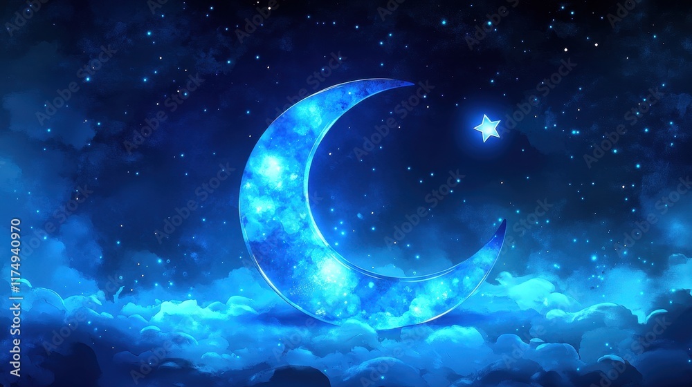 Fototapeta premium A luminous crescent moon rests on glowing clouds beneath a starry night sky. Ideal for Ramadan or Islamic-themed designs.
