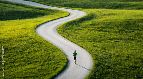 A person jogs along a winding path through lush green fields, showcasing a serene and healthy outdoor lifestyle.