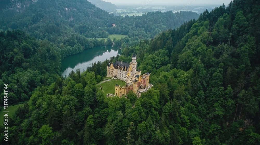 Aerial view of a castle surrounded by lush green forest and water. Aerial view of a castle surrounded by lush green forest and water.