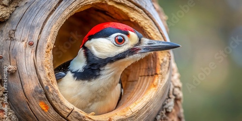 Minimalist Woodpecker Peeking from Tree Hollow - Great Spotted Woodpecker Stock Photo photo