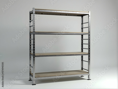 Wallpaper Mural Sleek metal shelving unit with four wooden shelves, perfect for storage and organization.  A minimalist design, ideal for any space. Torontodigital.ca