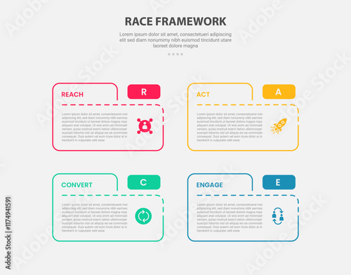 RACE framework infographic outline style with 4 point template with box table folder shape for slide presentation