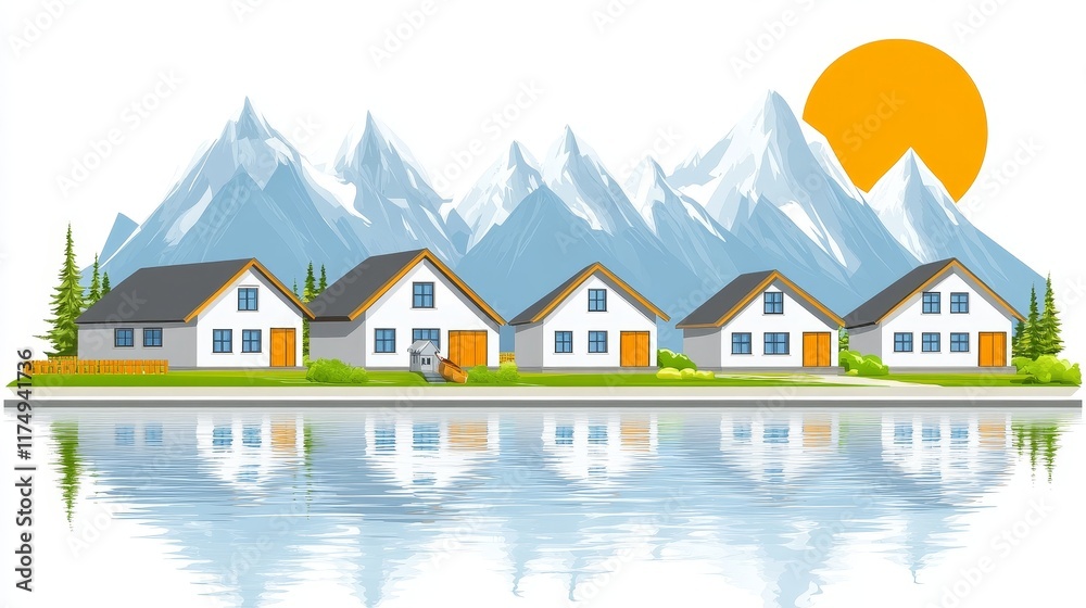 Idyllic mountain village homes reflected in a calm lake under a bright sun Idyllic mountain village homes reflected in a calm lake under a bright sun
