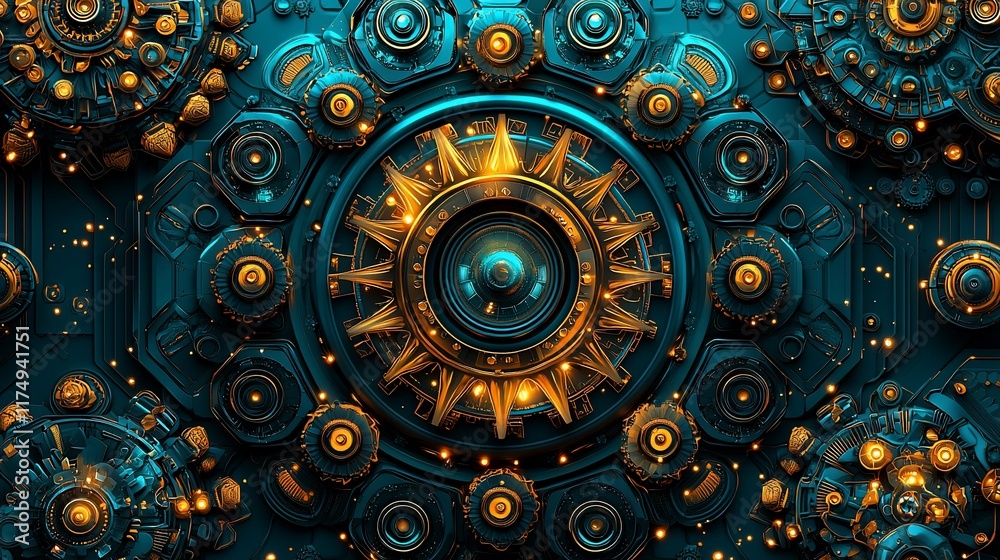 Teal gold abstract technological sun design. Teal gold abstract technological sun design.