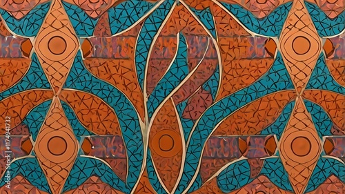 a colorful batik pattern on a red and green background photo