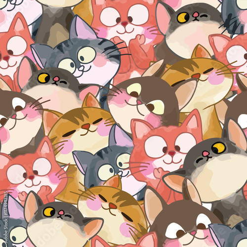 Watercolor cute kitten cat cartoon seamless background