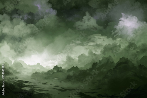 Dark stormy clouds, moody atmosphere, dramatic landscape, abstract nature scene, digital painting, serene water reflections.