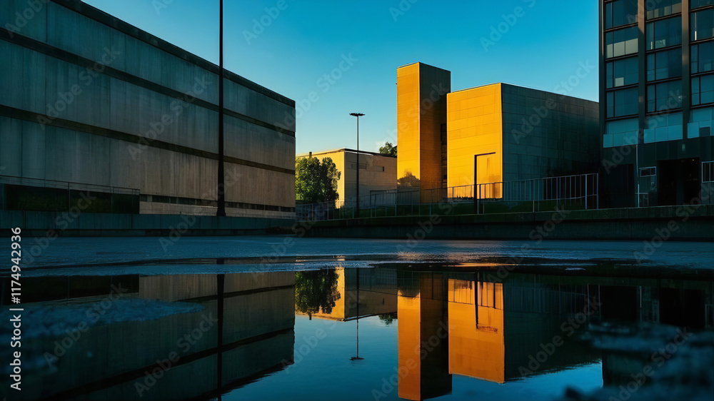 Naklejka premium a reflection of buildings in a puddle 