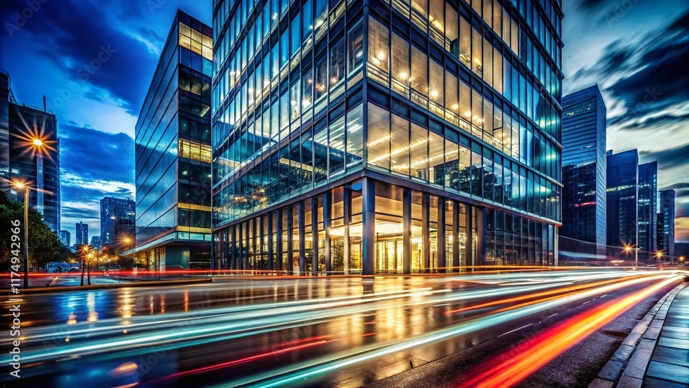 Fototapeta premium Modern Cityscape: Long Exposure Reflection of Glass Skyscrapers at Night