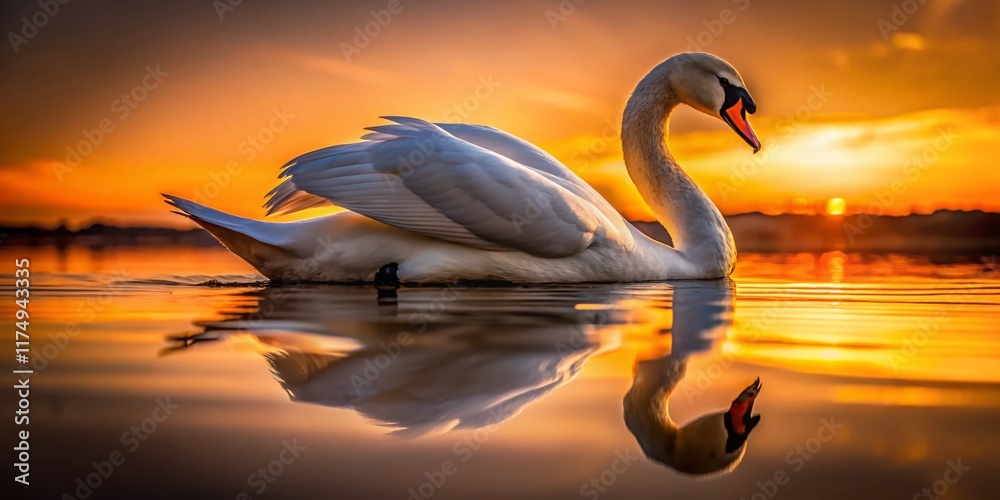 Fototapeta premium Elegant White Swan Silhouette on Calm Water - Serene Nature Reflection