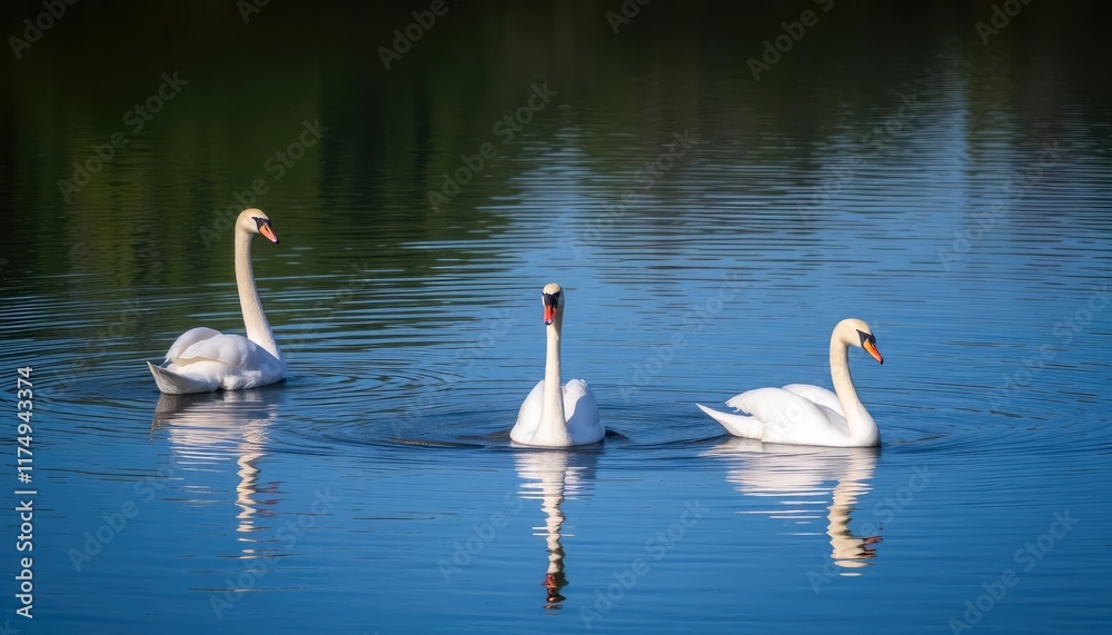 Three swans swim peacefully on a calm lake, reflected in the water; nature scene Three swans swim peacefully on a calm lake, reflected in the water; nature scene