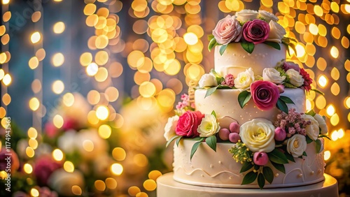 Elegant White Wedding Cake with Bokeh Lights - Romantic Dessert Photography photo