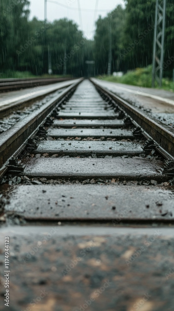 A rain-soaked train track stretches through a lush forest, conveying a sense of solitude and tranquility in a natural setting. A rain-soaked train track stretches through a lush forest, conveying a sense of solitude and tranquility in a natural setting.