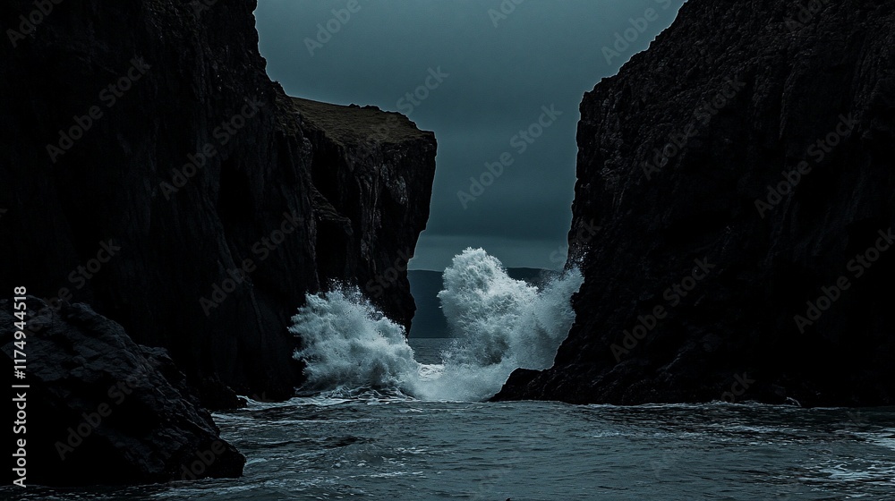Obraz premium Dramatic ocean waves crashing between dark cliffs.