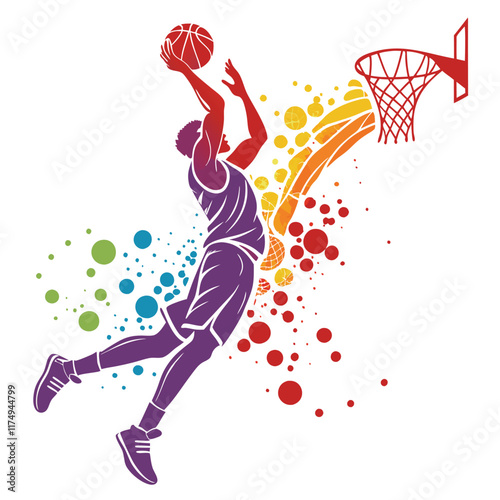 A silhouette of a basketball player dunking, enhanced by colorful abstract artistic patterns and splashes.