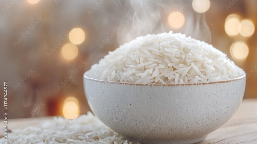 A close-up of freshly cooked jasmine rice in a white ceramic bowl, with visible steam, placed on a light wooden surface for a warm and comforting look. A close-up of freshly cooked jasmine rice in a white ceramic bowl, with visible steam, placed on a light wooden surface for a warm and comforting look.