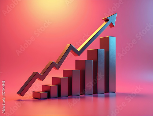 Free Download Metallic 3D Bar Graph Shows Exponential Growth, Rising Arrow Symbolic of Success and Progress.  Pink Gradient Background. - GFXLoad