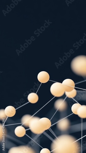 Abstract digital network with interconnected spheres against a dark background symbolizes technology and connectivity.