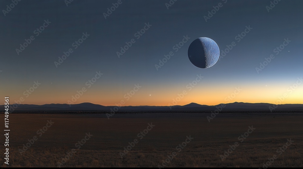 A large, textured moon hangs in the twilight sky over a desolate, flat landscape. Perfect for sci-fi, fantasy, or surreal projects. A large, textured moon hangs in the twilight sky over a desolate, flat landscape. Perfect for sci-fi, fantasy, or surreal projects.