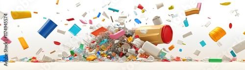 A dynamic explosion of colorful packaging and containers, symbolizing waste and consumerism.