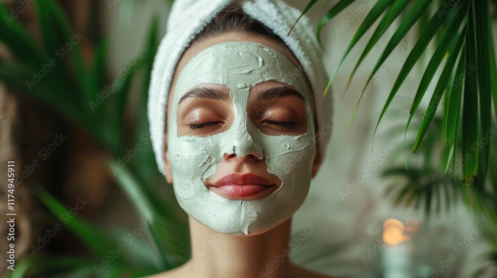 Young woman with rejuvenating face mask in calm spa environment Young woman with rejuvenating face mask in calm spa environment