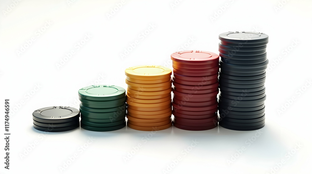 Ascending stacks of colorful poker chips on a bright white background. A visual representation of growth and success in gambling. Ascending stacks of colorful poker chips on a bright white background. A visual representation of growth and success in gambling.