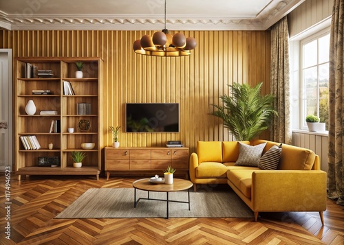 Modern Vintage Living Room: Yellow Sofa, Lamella Wall, Herringbone Parquet