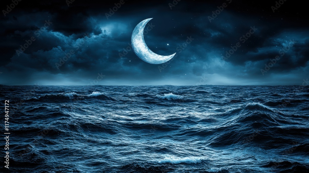 Fototapeta premium Dark blue ocean waves under a crescent moon and starry night sky. Ideal for backgrounds, wallpapers, or artistic projects evoking mystery and tranquility.
