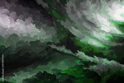 Abstract green waves, textured brush strokes, moody atmosphere, digital painting, nature-inspired art, calming visuals.