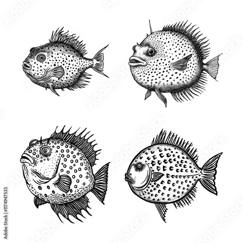 set of Puffer fish engraving design vector template