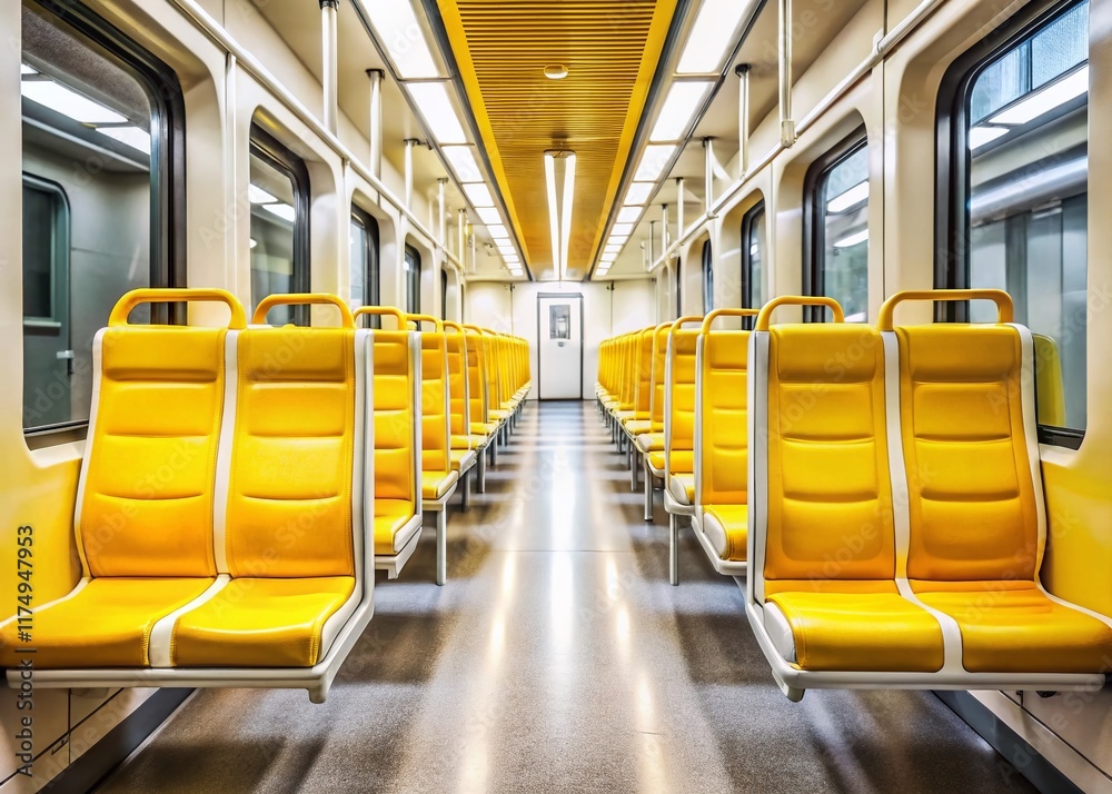 Fototapeta premium Empty Yellow Train Seats, Modern Public Transport, Clean Interior, Minimalist Design, White Background