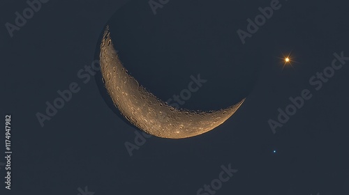 A thin crescent moon glows gold beside a bright star and a faint blue point of light. Ideal for astronomy, space, or celestial-themed designs. photo