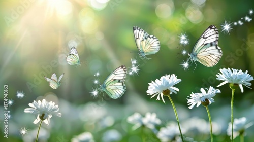 A enchanting meadow filled with butterflies leaving glimmering trails of light as they flit