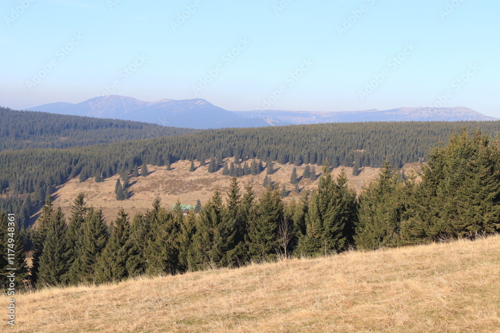 Fries' huts, view of the Krkonoše mountains, autumn mountain landscape Fries' huts, view of the Krkonoše mountains, autumn mountain landscape