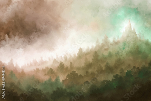 Soft misty landscape, serene forest scene, watercolor style, calming nature background, atmospheric green hues.