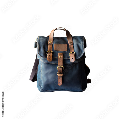 Stylish blue backpack with leather straps and vintage design photo