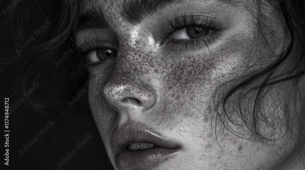 Monochrome close-up portrait of a woman with freckles and intense gaze Monochrome close-up portrait of a woman with freckles and intense gaze