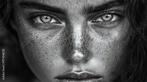 Intense black and white close-up portrait highlighting freckles and eyes photo