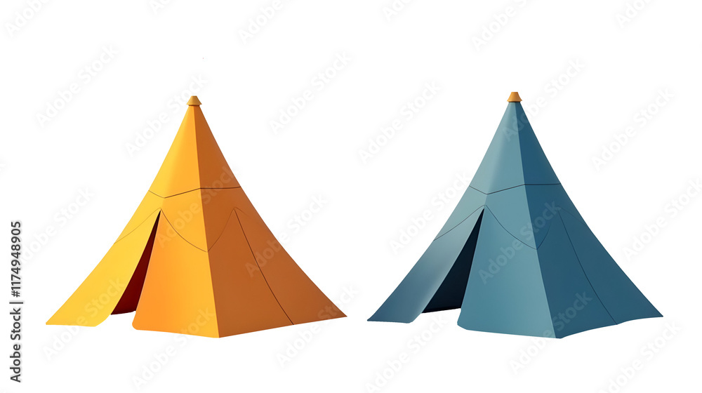 Two vibrant teepees stand side-by-side, showcasing a striking contrast in colors and styles. A captivating scene!, cut out Two vibrant teepees stand side-by-side, showcasing a striking contrast in colors and styles. A captivating scene!, cut out